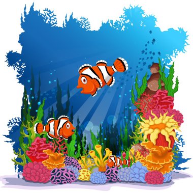 funny clown fish with sea life background clipart