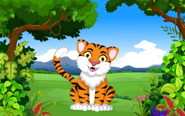 Söt tiger tecknad sitter i djungeln — Stockfoto