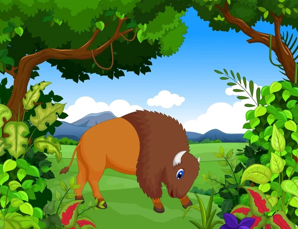 Desenho animado bison com fundo paisagem — Fotografia de Stock