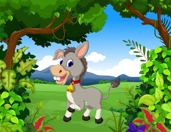 Desenho animado burro com fundo paisagem — Fotografia de Stock