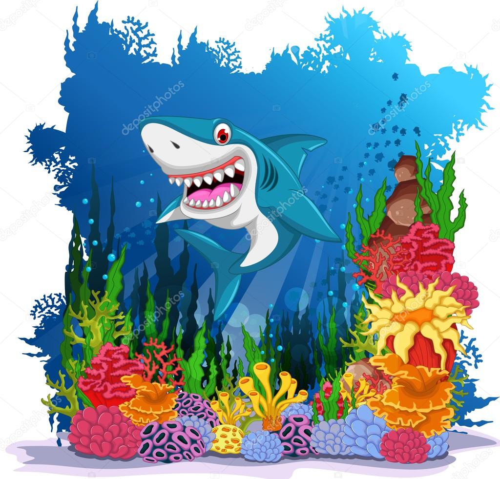 funny shark with sea life background