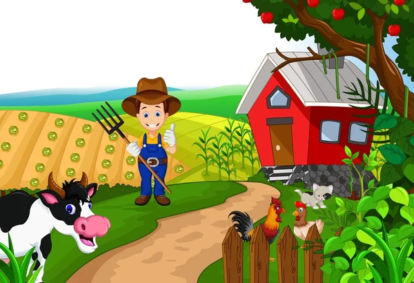 農場の動物の束と彼の農場での農民 — ストック写真
