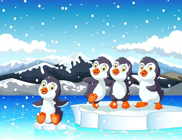 Dibujos animados divertidos pingüinos con fondo de montaña de nieve — Foto de Stock