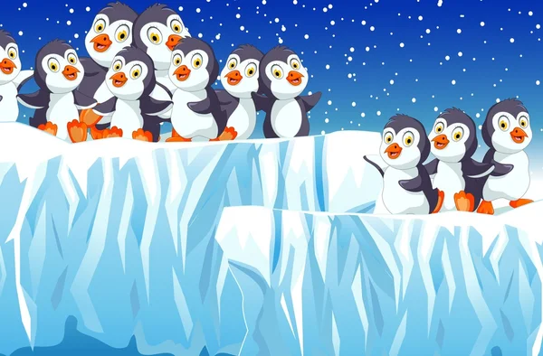 Смешной семейный пингвин мультфильм со снежными горными пейзажами — стоковое фото