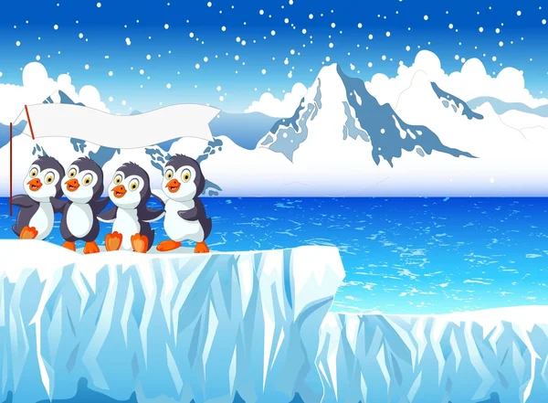 Dibujos animados divertidos pingüinos con nieve paisaje de montaña fondo — Foto de Stock