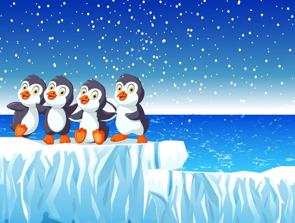 Engraçado quatro desenhos animados pinguim com neve paisagem montesa fundo — Fotografia de Stock