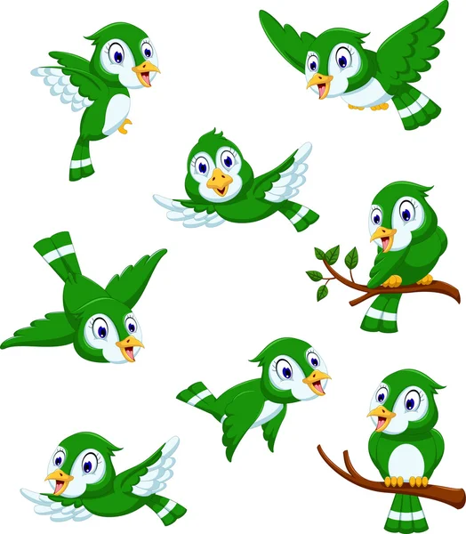 Zestaw zielony ptak kreskówka pozowanie — Zdjęcie stockowe