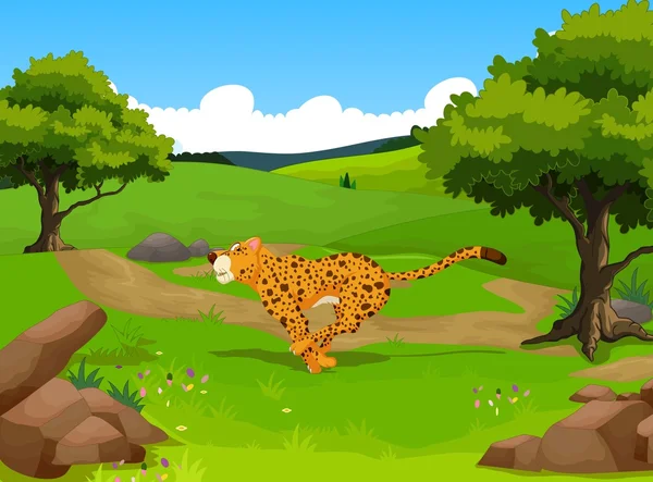 Divertida caricatura de guepardo corriendo con fondo de paisaje forestal —  Fotos de Stock
