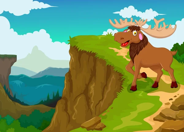 Funny moose cartoon with mountain cliff landscape background — Stock Photo, Image