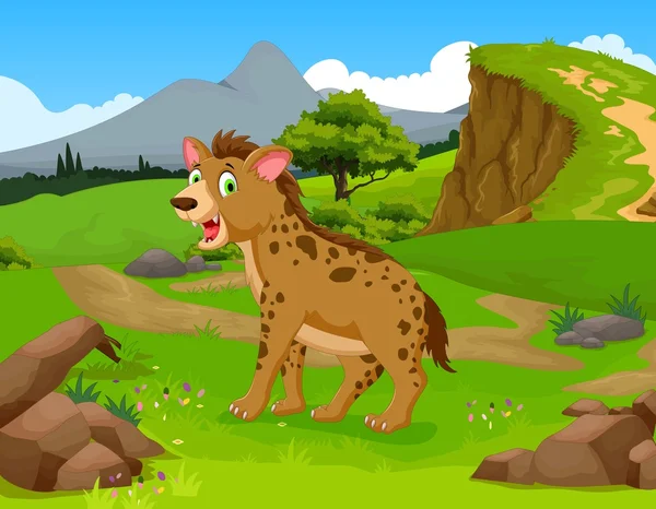 Divertido dibujo animado de hiena en la selva con fondo de paisaje —  Fotos de Stock