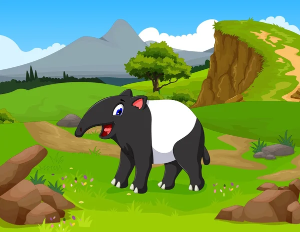 Grappige tapir cartoon in de jungle met landschap-achtergrond — Stockfoto