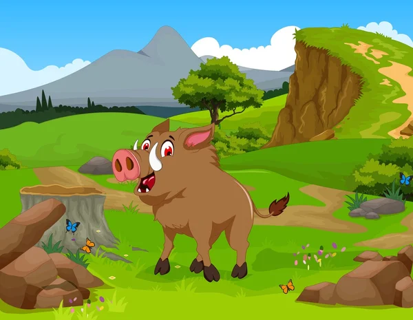 Funny Wild boar cartoon in the jungle with landscape background — Stock Photo, Image