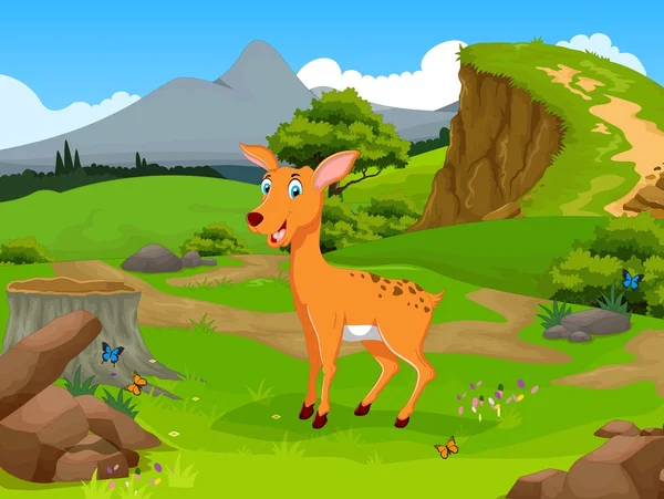 Dibujos animados de ciervos divertidos en la selva con fondo de paisaje —  Fotos de Stock