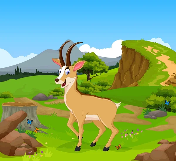 Funny chamois cartoon with forest landscape background — Stock Photo, Image