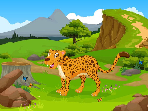 funny Cheetah cartoon in the jungle with landscape background