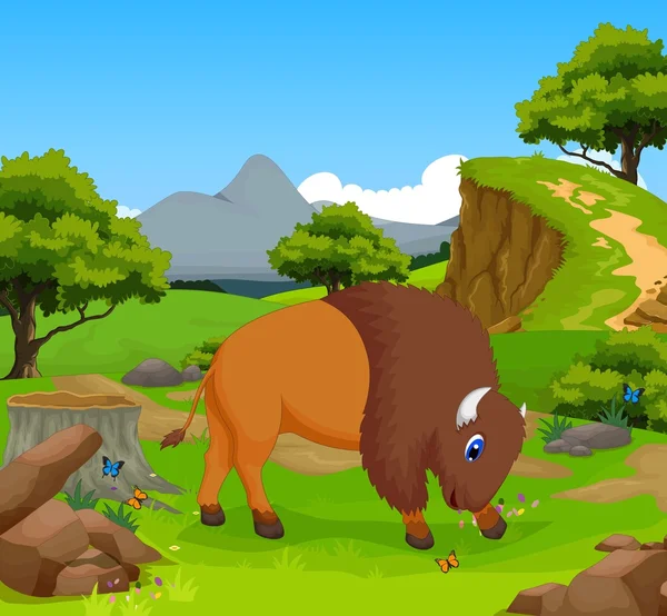 Funny bison cartoon in the jungle — Stock Photo, Image