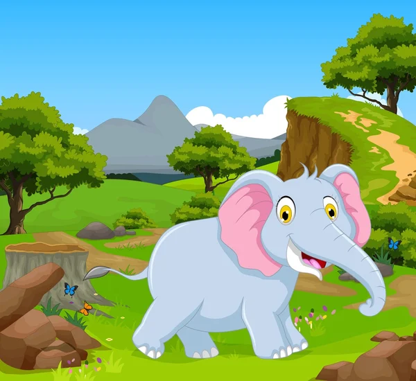 Elefante divertido en la selva con fondo de paisaje —  Fotos de Stock