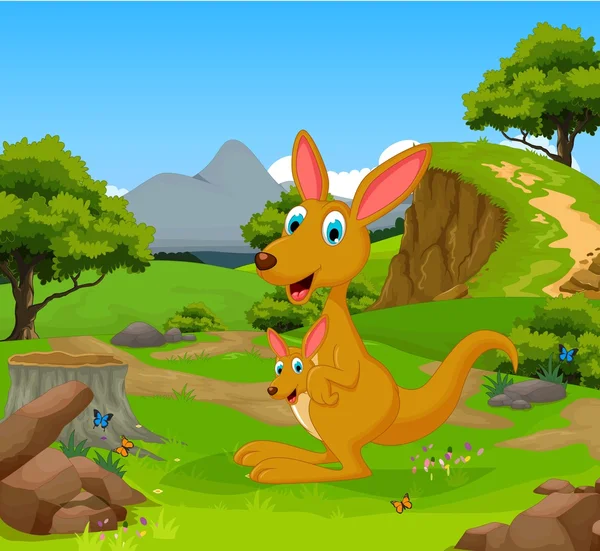 Engraçado canguru desenhos animados na selva com paisagem de fundo — Fotografia de Stock