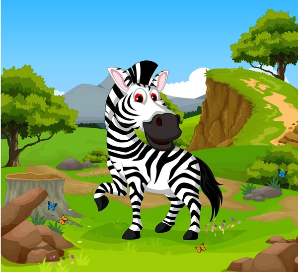 funny zebra cartoon in the jungle with landscape background