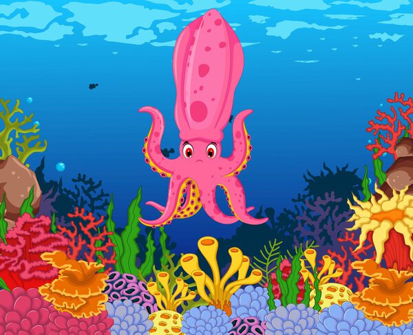 funny calamari squid with beauty sea life background