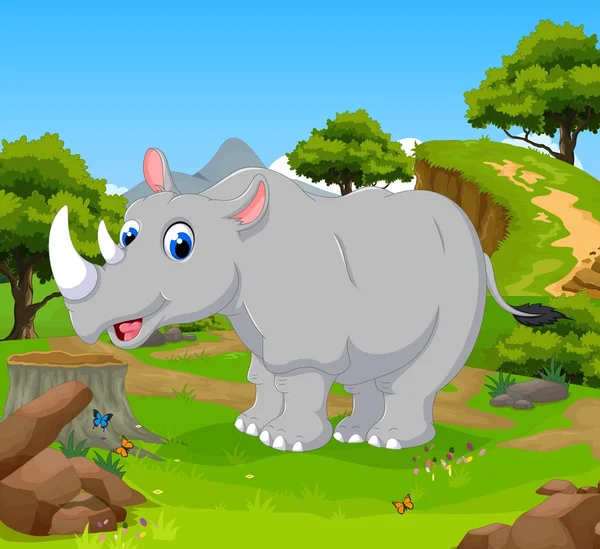 Dibujos animados rinoceronte divertido en la selva con fondo de paisaje — Foto de Stock