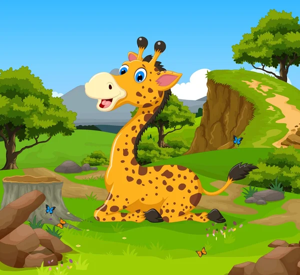 Divertente giraffa cartone animato seduto nella giungla — Foto Stock