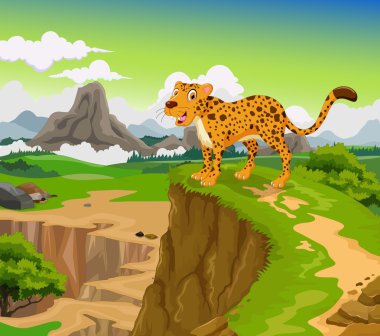 Güzellik dağ manzara arka plan ile komik cheetah karikatür