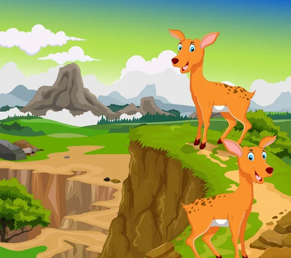 Funny two deer cartoon with beauty mountain landscape background — Stock Photo, Image