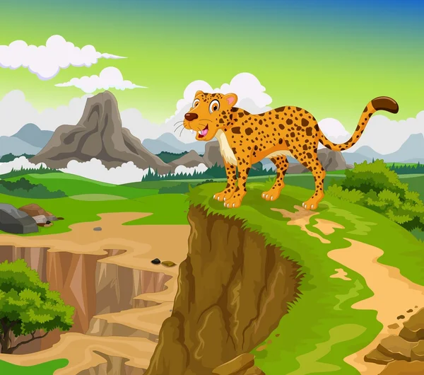 Kartun cheetah lucu dengan latar belakang keindahan lanskap gunung — Stok Foto