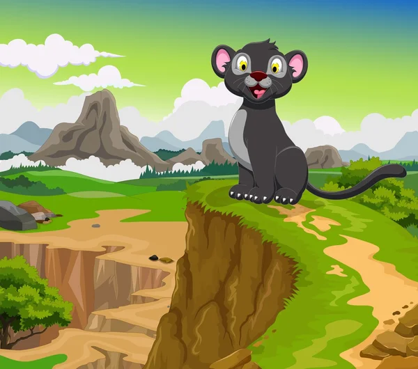 Funny black panther cartoon with beauty mountain landscape background — Stock Photo, Image