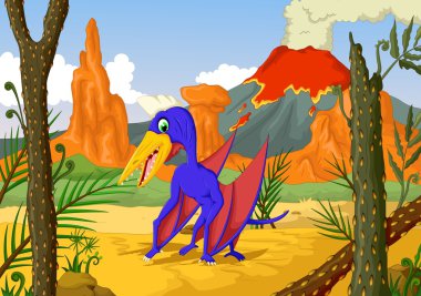 Orman manzara arka plan ile komik pterodactyl karikatür