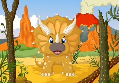 Orman manzara arka plan ile komik Triceratops karikatür
