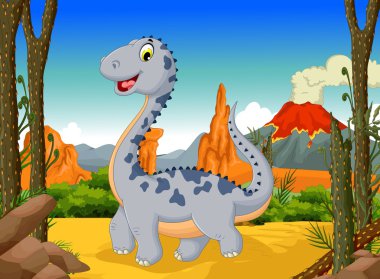 sevimli dinozor komik karikatür manzara arka plan ile ormanda