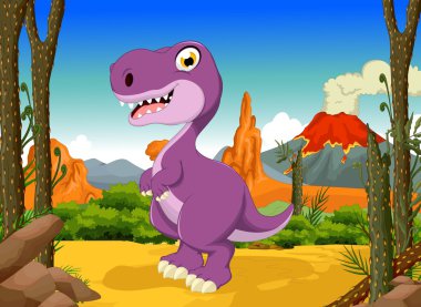 Orman manzara arka plan ile karikatür komik tyrannosaurs