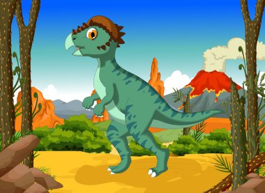 Orman manzara arka plan ile komik dinozor Stegoceras çizgi film