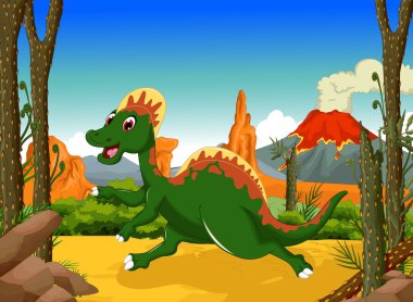 Orman manzara arka plan ile komik dinozor karikatür