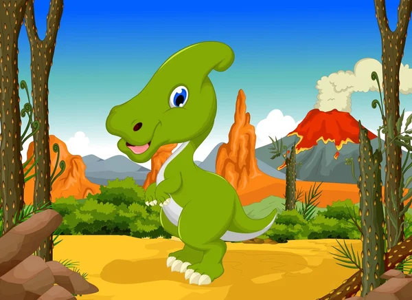Engraçado dinossauro Parasaurolophus desenhos animados com fundo paisagem florestal — Fotografia de Stock