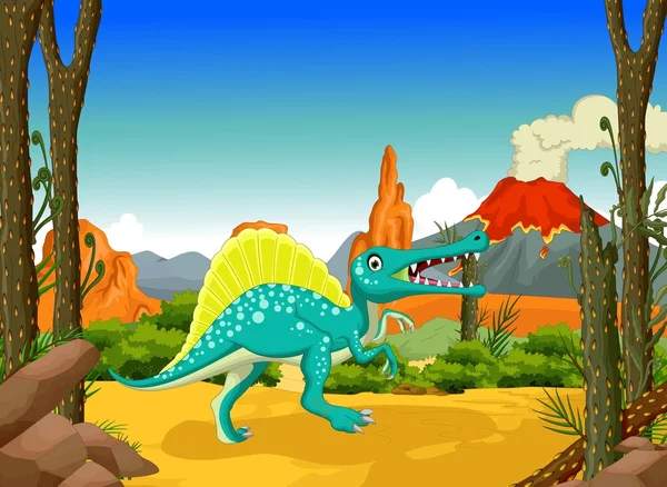 Grappige dinosaurus cartoon met bos landschap-achtergrond — Stockfoto