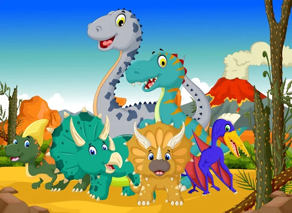 funny dinosaur cartoon in the jungle with landscape background