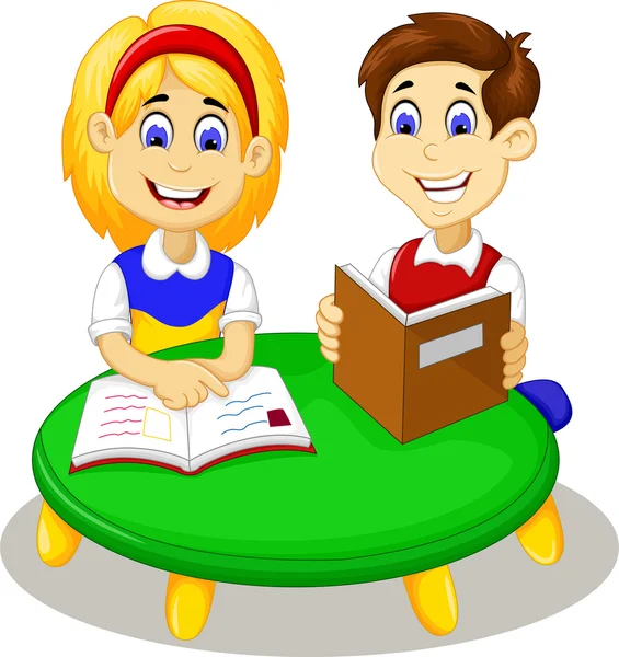 Funny little girl and boy cartoon studying together — Stock Photo, Image