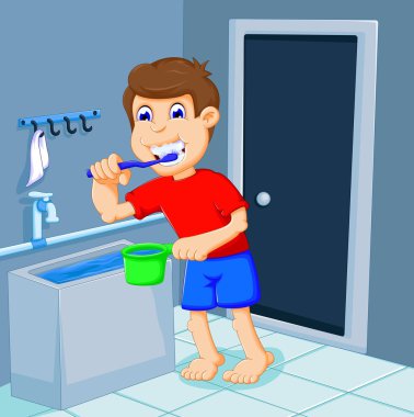Banyo odasında dişlerini fırçalayan sevimli çocuk çizgi filmi.