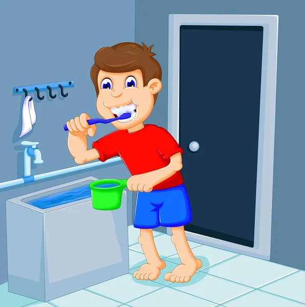 Cute boy cartoon brushing teeth in bath room — Stock Photo, Image