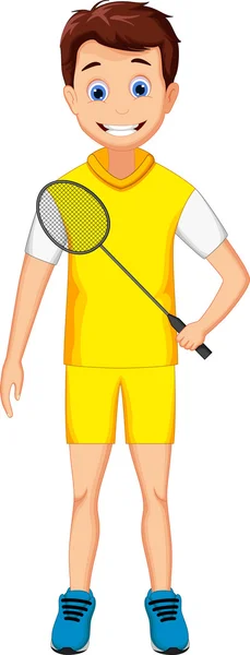 Engraçada jovem cartoon menino com badminton raquete — Vetor de Stock