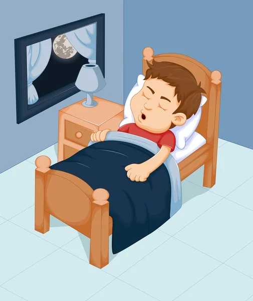 Carino ragazzo cartone animato dormire in il camera da letto — Vettoriale Stock