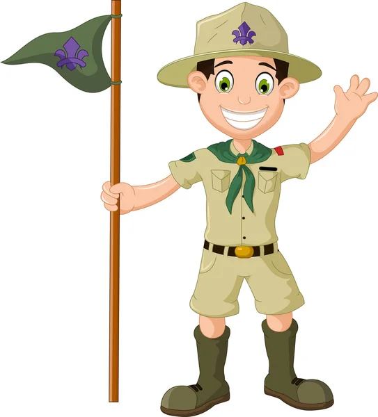 Roztomilý kreslený boy scout drží tyč řvát — Stockový vektor