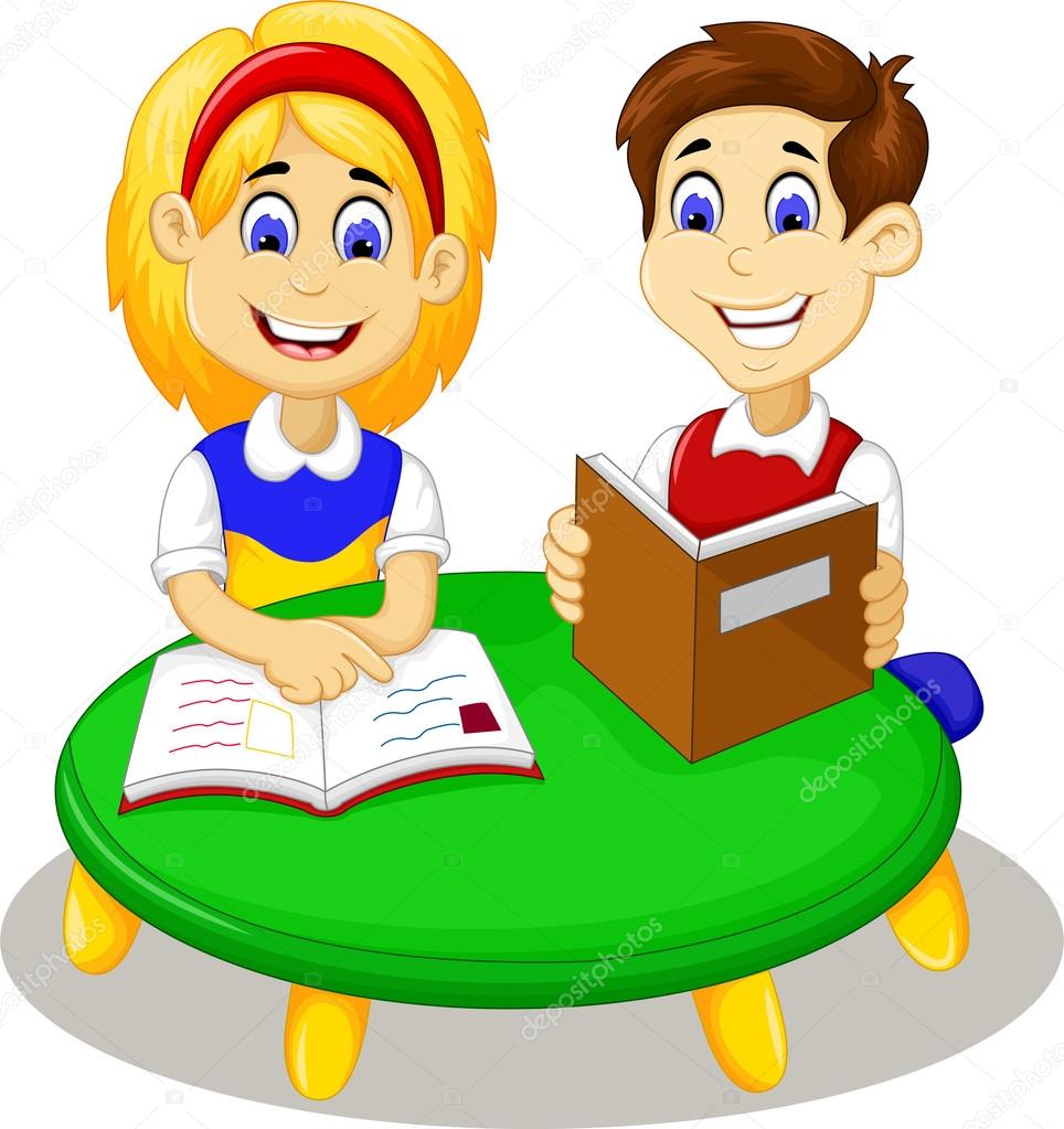 Funny little girl and boy cartoon studying together Stock Vector Image by  ©starlight789 #127116430