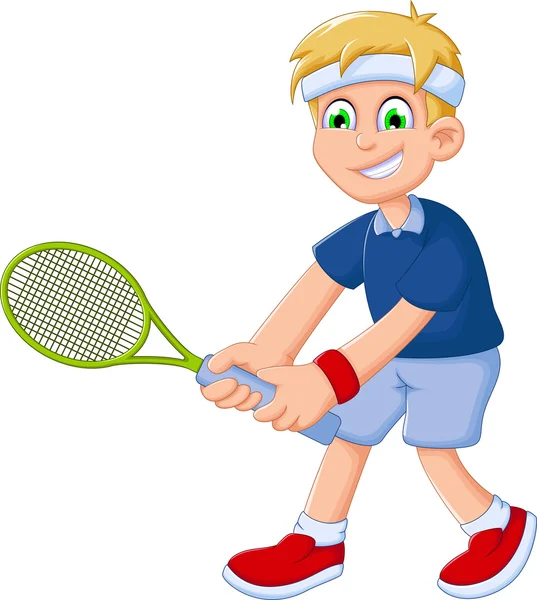 Divertente ragazzo cartone animato giocare a tennis — Vettoriale Stock