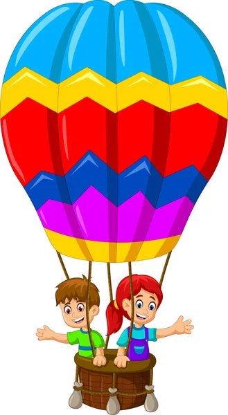 Funny two kids cartoon flying in a hot air balloon — Stockfoto