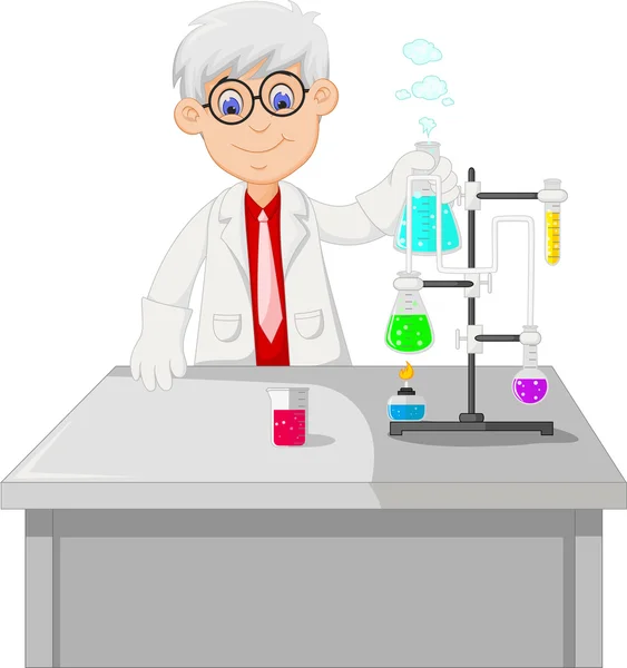 Lindo un profesor realización de la práctica química — Vector de stock