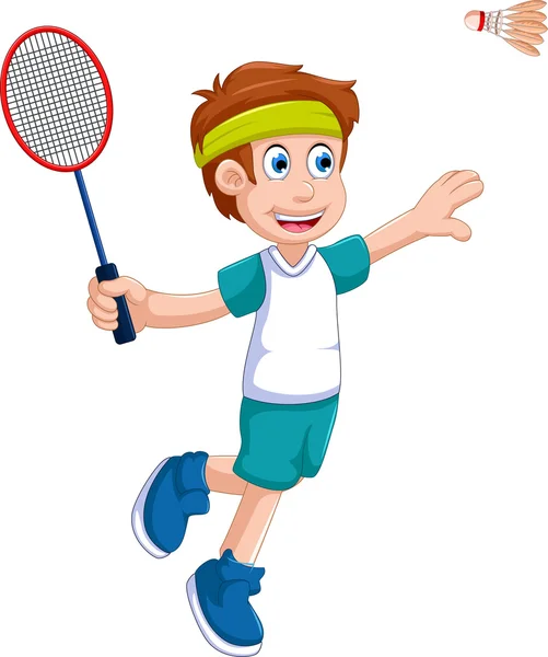 Lustige Jungen Cartoon Badminton spielen — Stockvektor